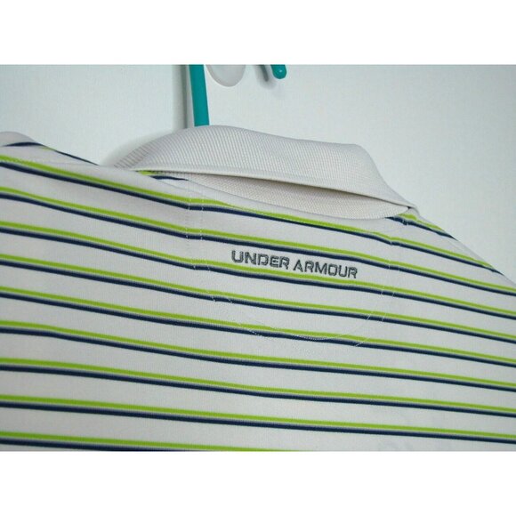 Under Armour Mens Golf Polo Shirt Athletic Medium Green Blue Striped Heat Gear - Picture 4 of 12